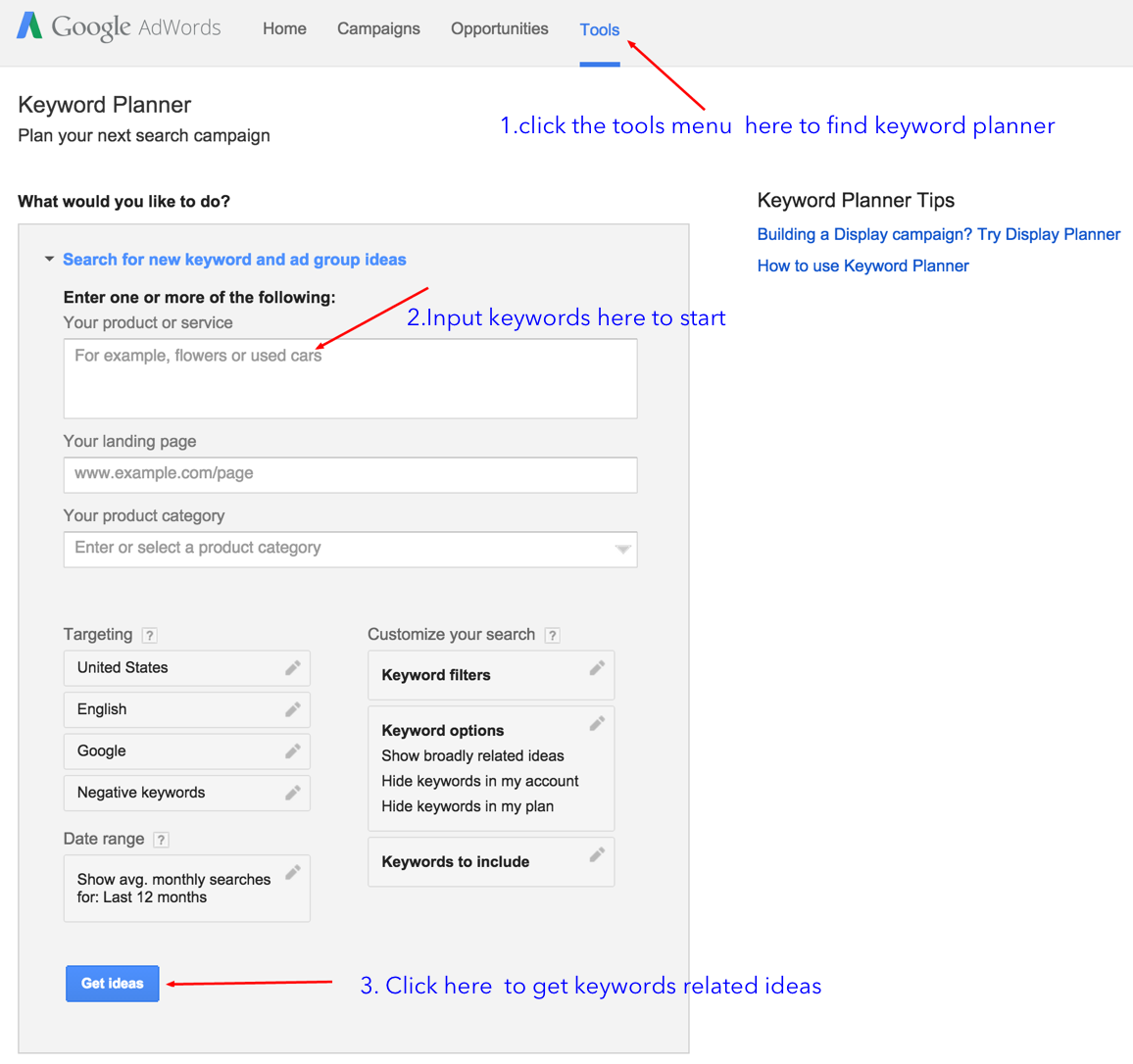 Google keywords planner tool